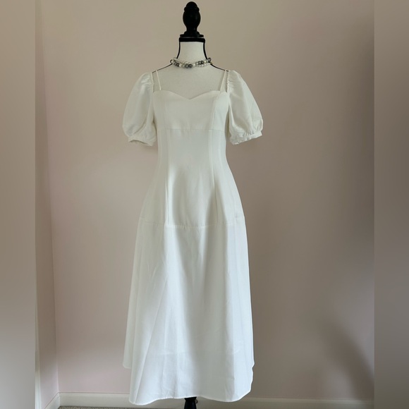 White Puff Sleeve Midi Dress with Square Neckline - Picture 3 of 16